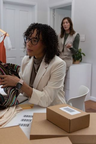 Diverse team packing orders inspecting clothing for e commerce fulfillment and retail