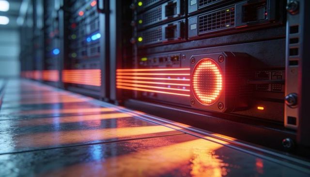 Glowing optical transceiver emitting red led ring and amber fiber trails in server rack