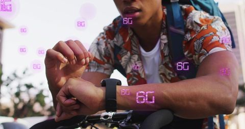Man Using Smartwatch with 6G Technology Holograms in Urban Environment
