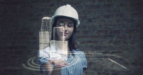 Female architect exploring augmented reality city model