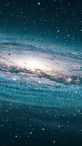 Spiral galaxy rotating in deep space vertical footage revealing luminous core, sweeping arms