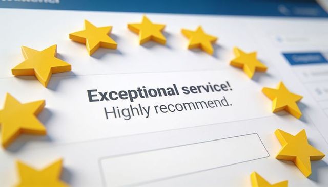Five-star customer review form showing 3d yellow stars surrounding positive feedback
