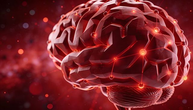Futuristic red neural network brain with faceted cortex and glowing synapse connections