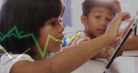 Elementary Students Tapping Tablet with Digital Graph Overlay for Classroom STEM Learning