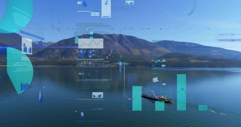 Mountain lake panorama overlaying teal data charts with boat near pier reflecting