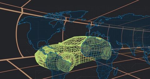 Rotating neon green wireframe car hovering over global map grid with geospatial tunnel