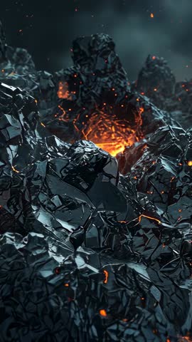 Moving camera revealing glowing lava fissure through fractured basalt cliffs vertical cinematic vide