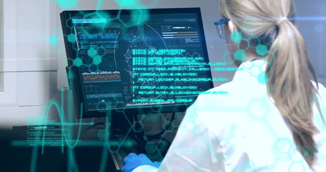 Image of data, elements and digital interface moving over female scientist in lab coat working at a computer in a laboratory. Global digital network medical science concept digital composite.