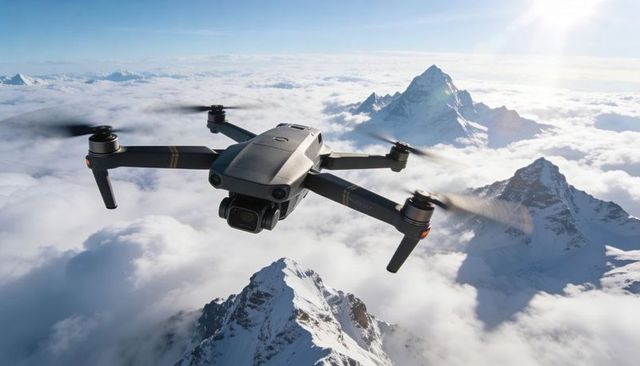 Drone Filming Snow-Capped Mountain Peaks Above Cloud Layer in Bright Morning Sun
