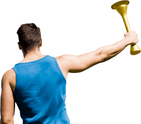 Caucasian male athlete triumph holding gold cup transparent