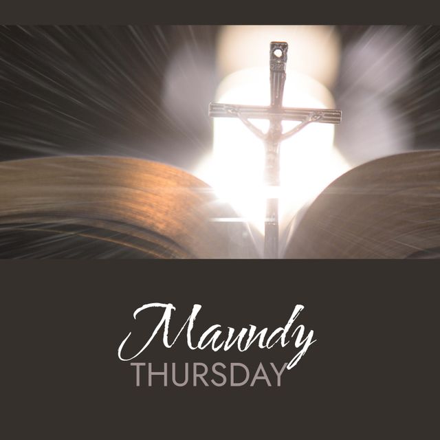 Cross and Holy Bible with light trails behind create a spiritual scene perfect for Maundy Thursday. Useful in church event promotions, religious holiday graphics, spiritual reflections, faith-based blog posts, and Easter week activities.