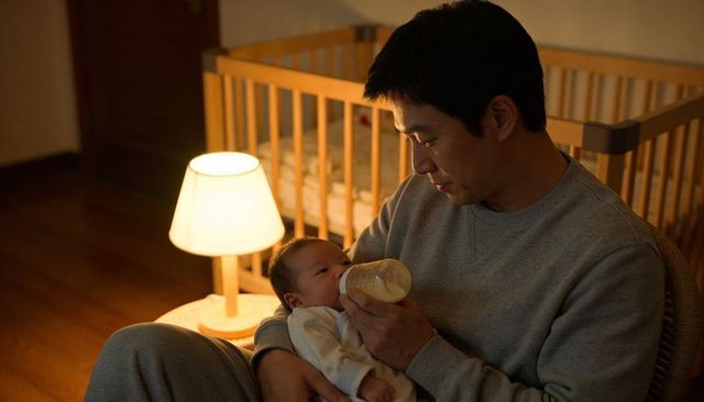Father feeding and cradling newborn at night in cozy nursery with warm lamp light bonding