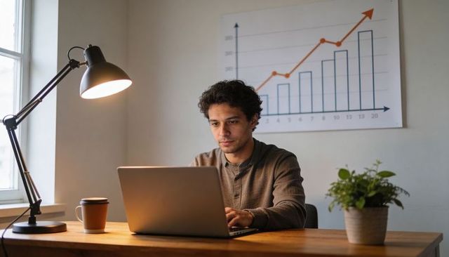 Young man typing on laptop at home desk with growth chart, lamp, coffee and plant