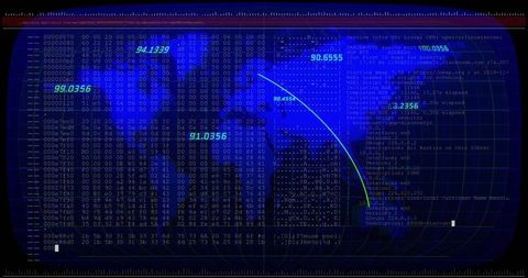 Displaying cyber data dashboard with hex dump, globe arcs and neon grid
