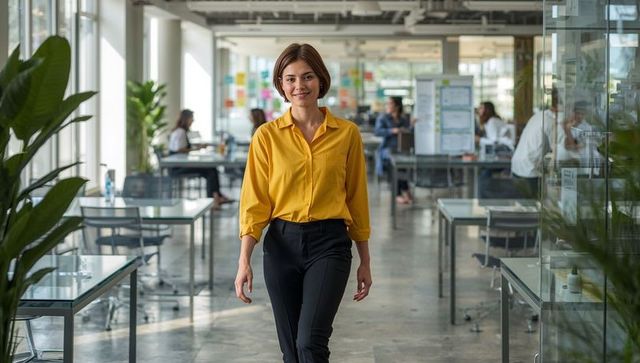Confident Businesswoman Walking in Modern Open-Plan Office