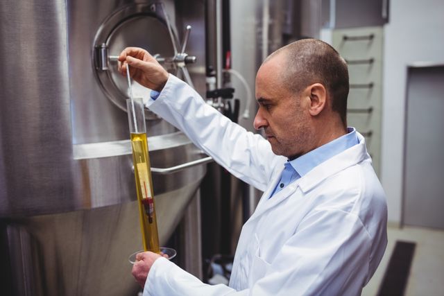Brewery worker in white lab coat examining beer sample in test tube in a laboratory setting. Ideal for use in articles or advertisements related to brewing, quality control in beverage production, industrial processes, and professional brewing industry. Can also be used in educational materials about the science of brewing and fermentation.