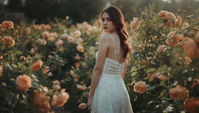 Woman in lace dress among peach roses at sunset