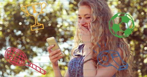 Young woman checking smartphone, smiling in park with sports doodles and lined overlay