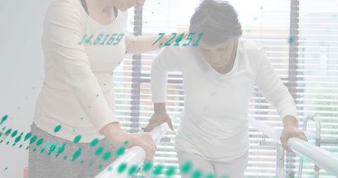Therapist guiding patient during parallel bar gait training in bright rehabilitation room
