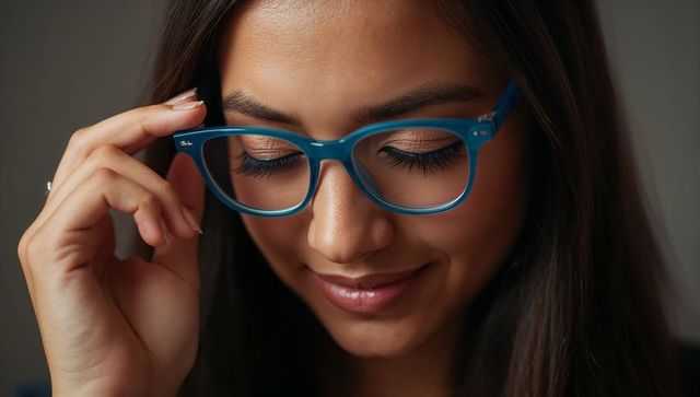 Indian woman adjusting teal eyeglasses, calm close-up portrait with neat nails