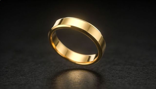 Golden Wedding Band Floating on Dark Surface Casting Warm Studio Reflection and Shadow
