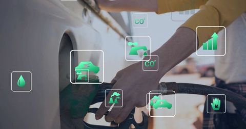 Woman fueling compact car with eco icons overlay showing sustainability, CO2 and energy data