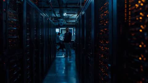 Technician Ensuring Data Security in Modern Server Room