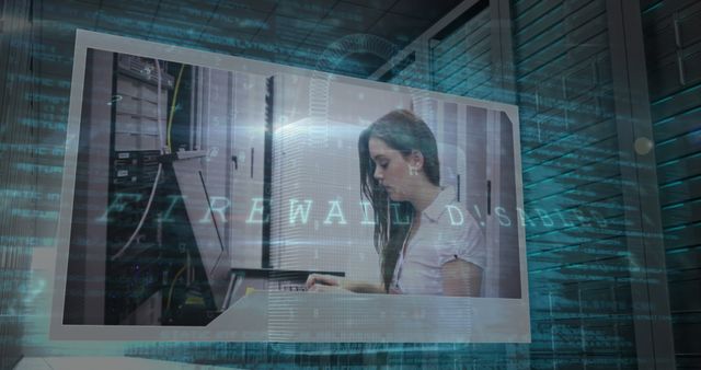 Female IT Professional Working in Server Room with Holographic Firewall Text - Download Free Stock Photos Pikwizard.com