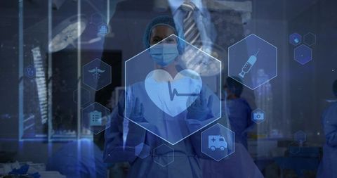 Surgeon interacting with holographic medical hud and ecg interface in futuristic operating room