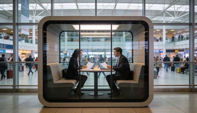 Two professionals conducting business meeting in glass pod at busy airport terminal