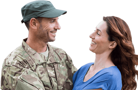 Joyful Reunion: Soldier Holding Wife on Transparent Background