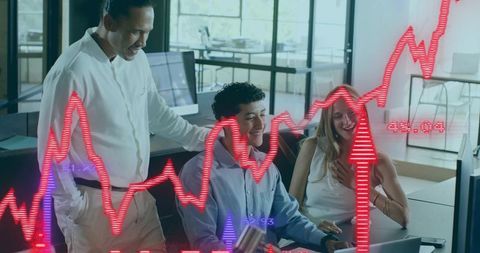Business team celebrating market gains collaborating at laptop with rising stock chart overlay