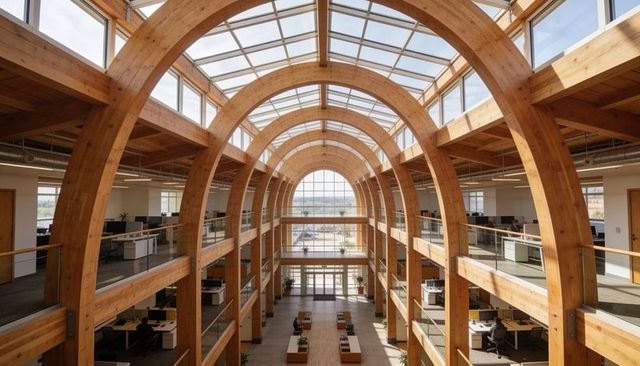 Laminated timber arches and barrel-vault skylight illuminating modern office atrium