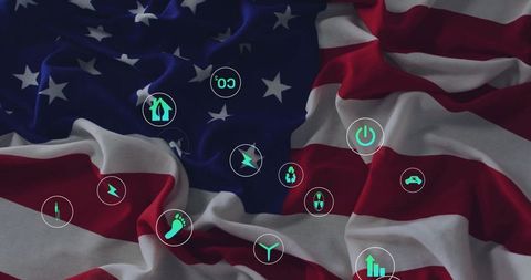 American Flag with Green Energy Icons Promoting Environmental Awareness