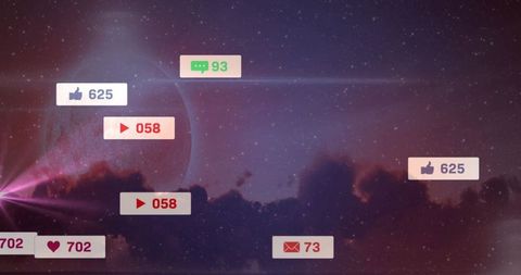 Social Media Notifications Floating Over Cosmic Nebula Showing Likes Comments Messages