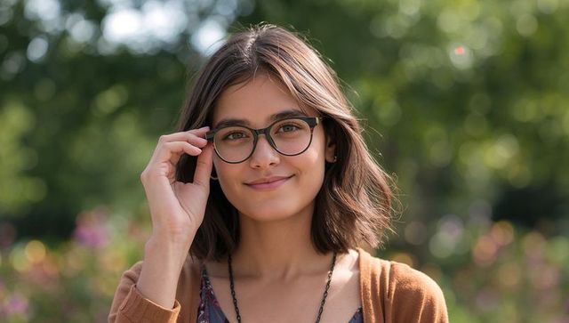 Smiling young woman wearing tortoiseshell eyeglasses and brown cardigan in sunlit garden