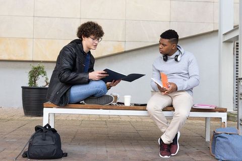 Students collaborating on campus bench reviewing notes discussing assignment plans