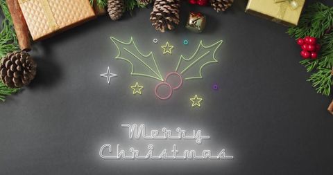 Festive Merry Christmas Neon Text with Decoration