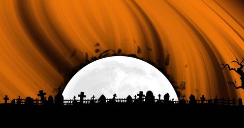 Spooky Cemetery Silhouette with Full Moon and Orange Sky