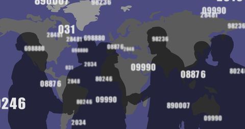 Silhouettes shaking hands with digital global network overlay