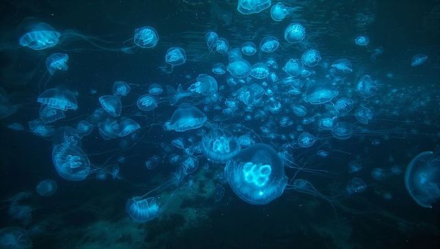 Glimmering jellyfish swarm illuminates enchanting ocean depths
