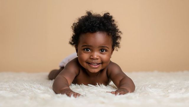 Smiling baby lying on plush white rug reaching forward with bright eyes and beige backdrop