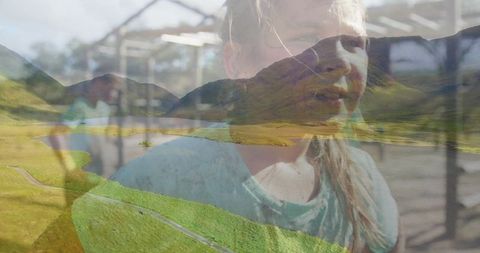 Young Girl Adventurer Blending Nature with Playground Challenge