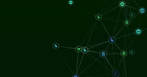 Digital Network of E-Commerce Icons on Green Background with Space