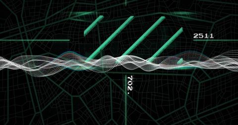 Animating neon teal waveform across wireframe city grid with numeric data overlays