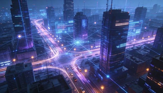 Futuristic smart city intersection with neon data network and aerial night skyline
