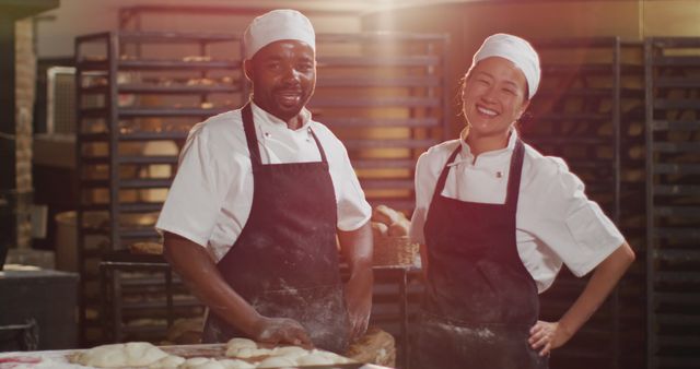 Smiling Bakers in Industrial Kitchen Preparing Dough Together - Download Free Stock Images Pikwizard.com