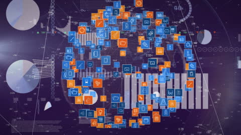 Digital Icons Orbiting Globe with Stock Market Data