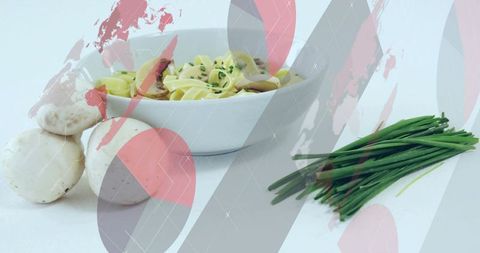 Gourmet mushroom fettuccine with elegant graphic overlays