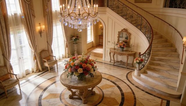 Grand foyer showcasing sweeping marble staircase, round table and crystal chandelier